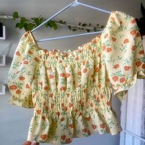 Yellow floral smock off the shoulder crop top